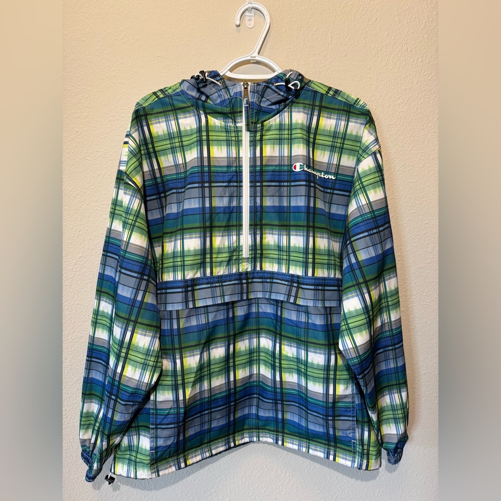 Champion Mens Stadium Packable Jacket. Green & Blue Plaid Windbreaker Ja…
